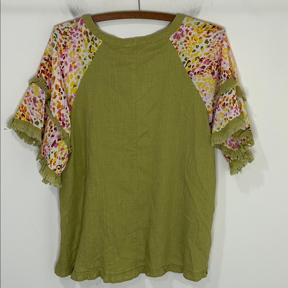 NWT UMGEE Linen Blend Mixed Print Lime Green Top Size Large - Picture 3 of 16
